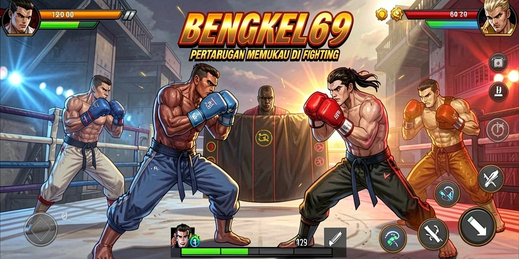 Tampilan gameplay seru dalam pertarungan BENGKEL69 dengan karakter unik.
