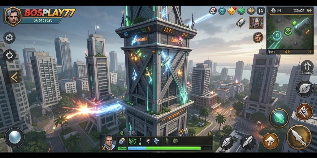 Tampilan gameplay menarik dari BOSPLAY77 dengan menara dan musuh.