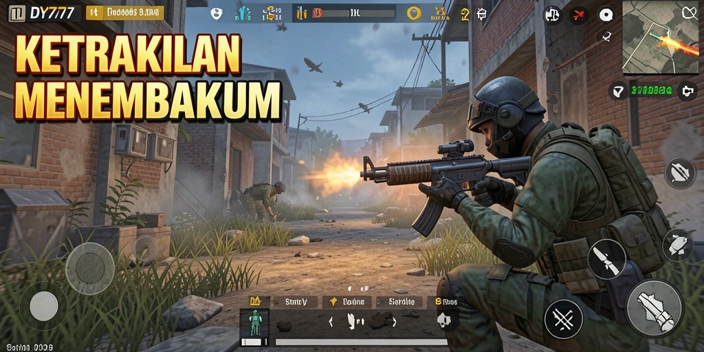 Tampilan gameplay mendebarkan dari DY777 yang menunjukkan aksi tembak-menembak.