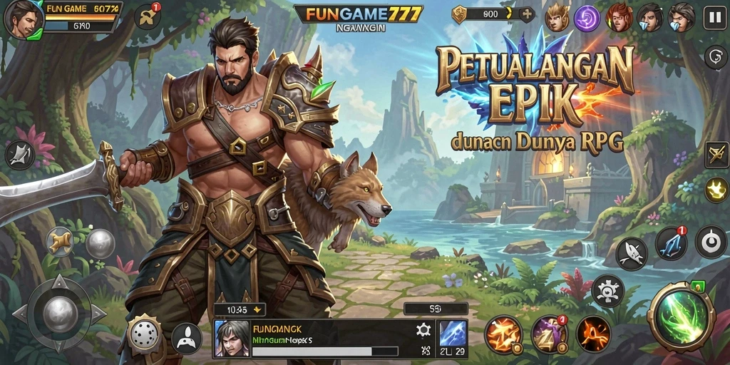 Tampilan gameplay FUNGAME777 dengan karakter menjelajahi dunia RPG.