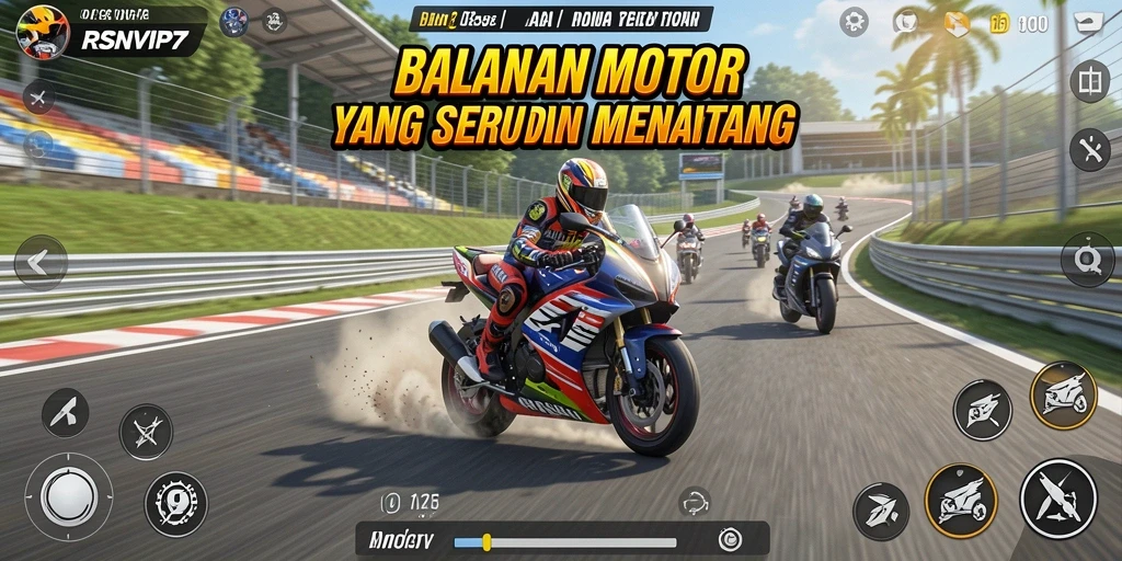 Screenshot gameplay RSNVIP7 menampilkan balapan motor yang menegangkan.
