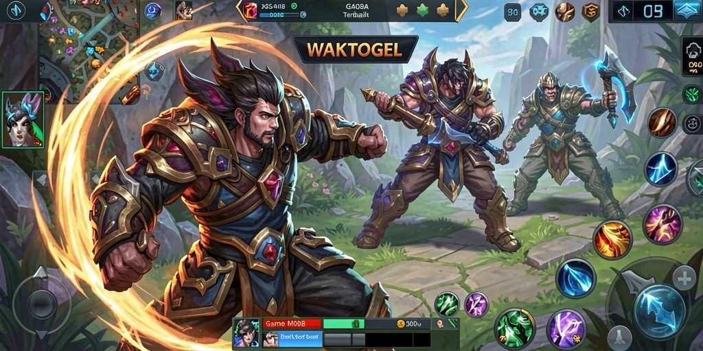 Screenshot WAKTOGEL menampilkan aksi seru pertarungan di arena MOBA.